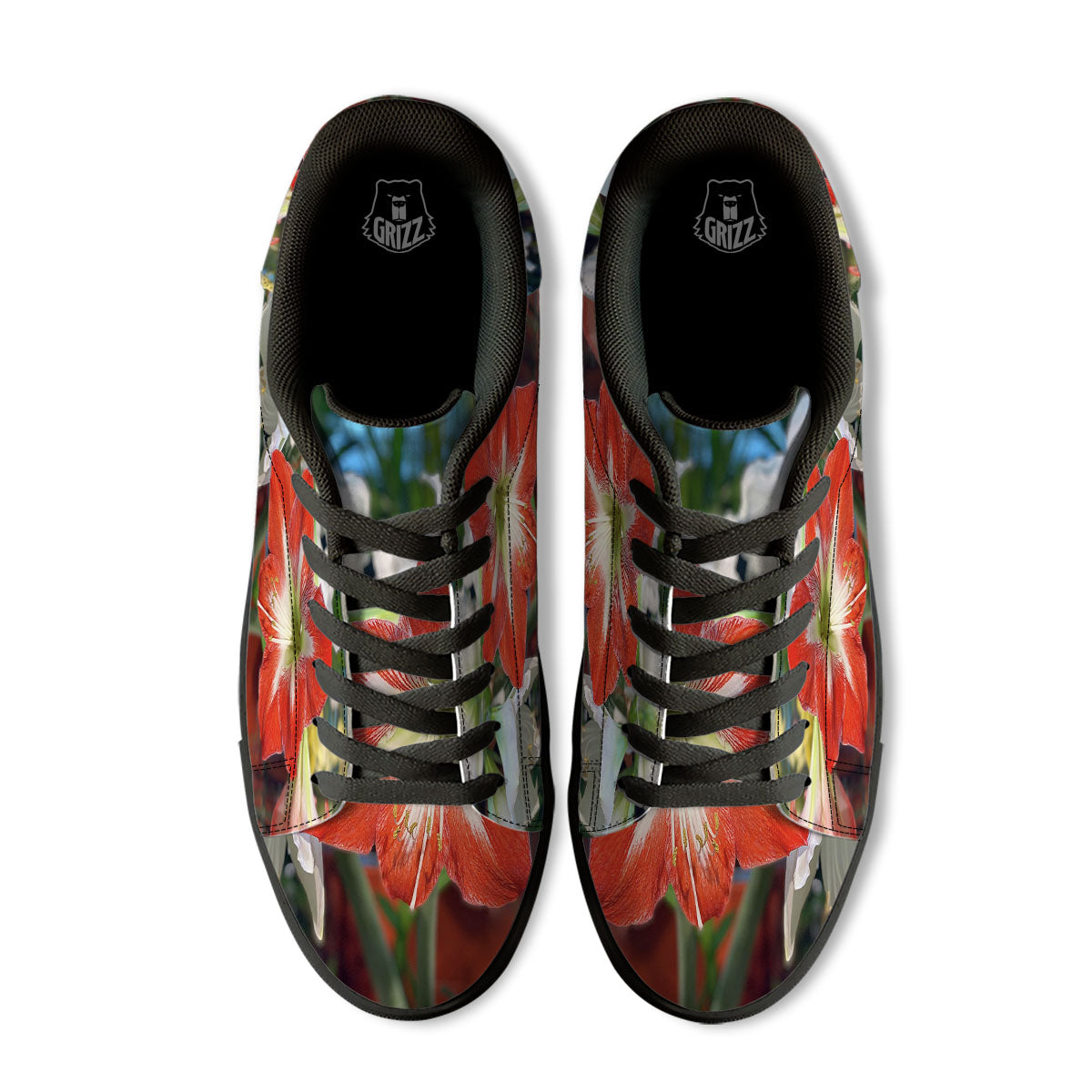 Amaryllis White And Red Print Black Low Top Sneakers-grizzshop