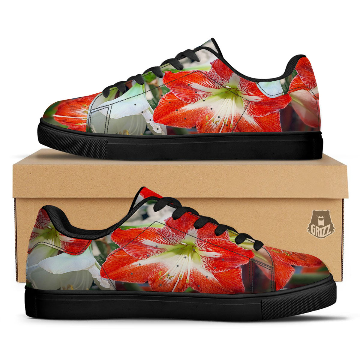 Amaryllis White And Red Print Black Low Top Sneakers-grizzshop