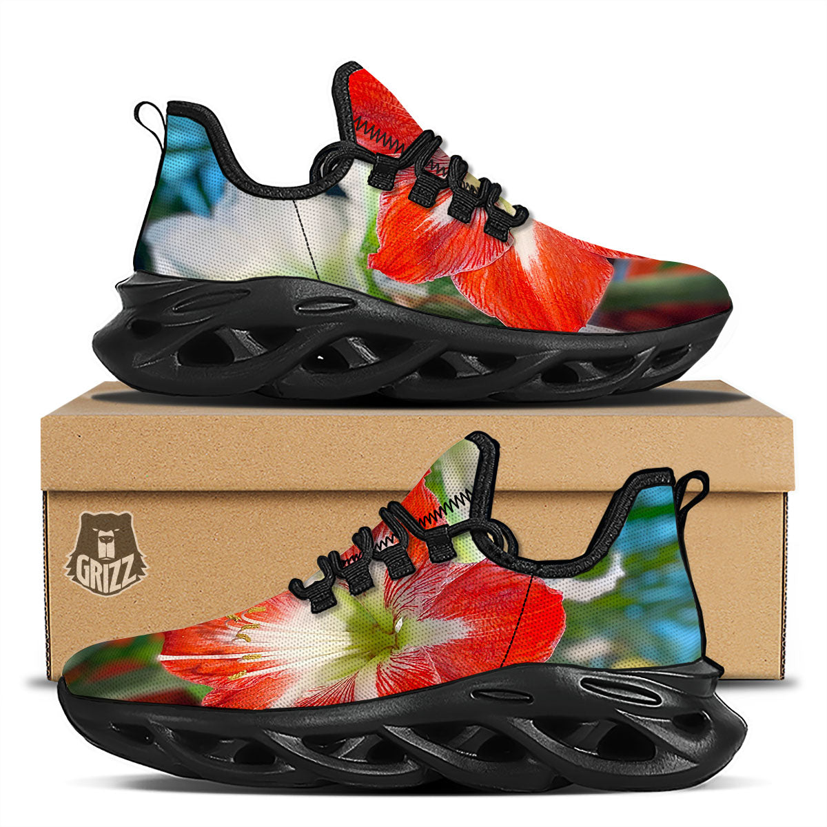 Amaryllis White And Red Print Black Running Shoes-grizzshop