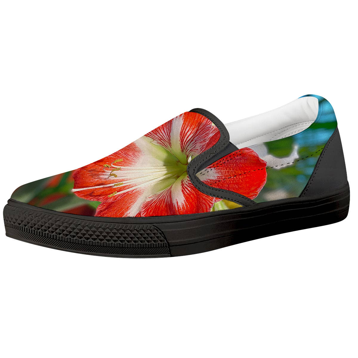 Amaryllis White And Red Print Black Slip On Shoes-grizzshop