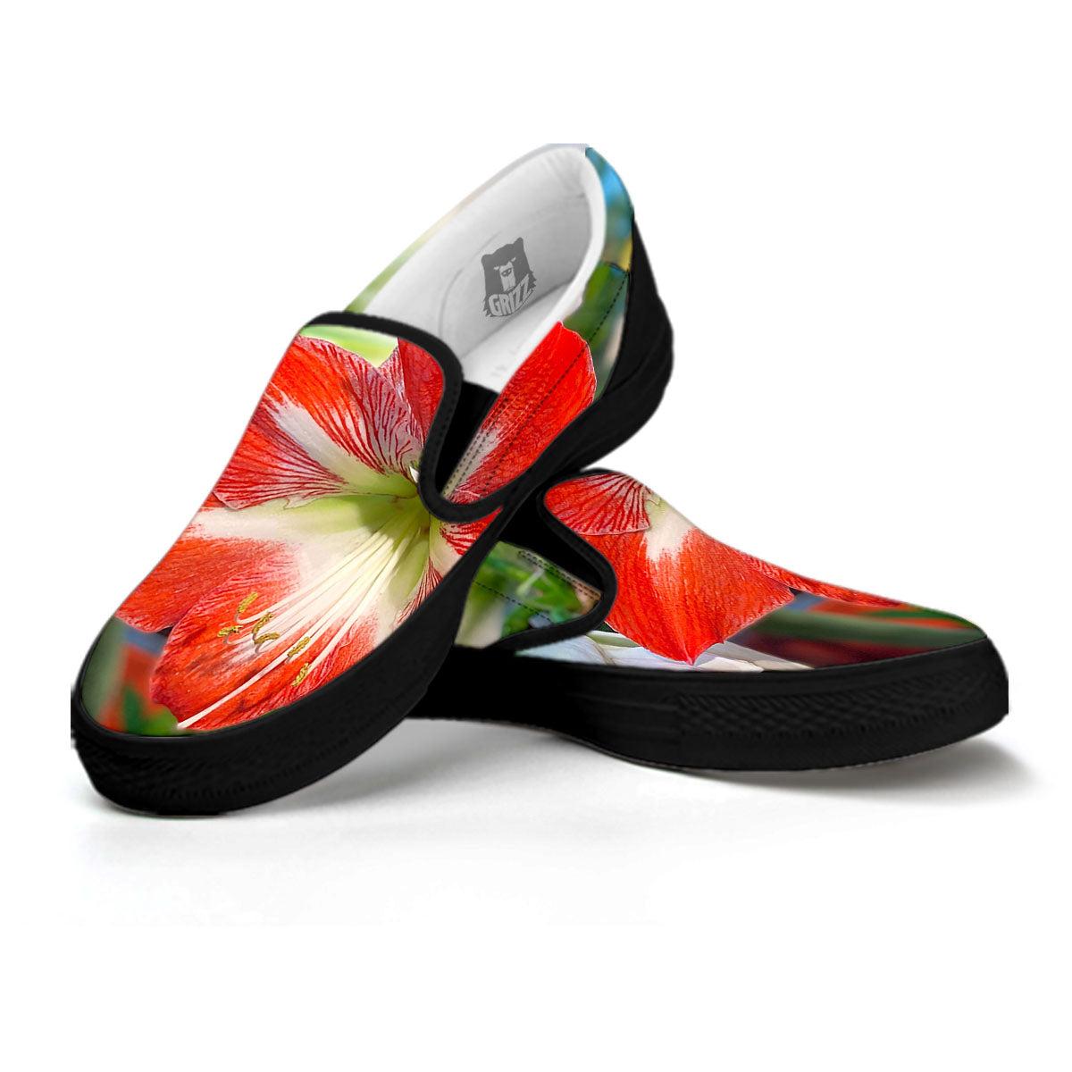 Amaryllis White And Red Print Black Slip On Shoes-grizzshop