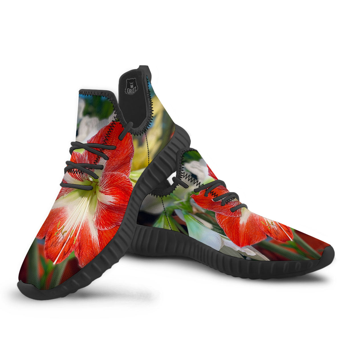 Amaryllis White And Red Print Black Walking Shoes-grizzshop