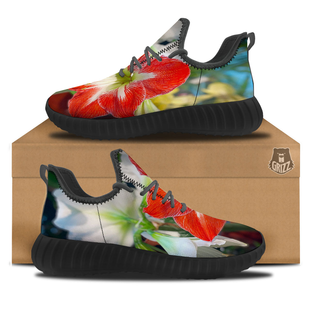 Amaryllis White And Red Print Black Walking Shoes-grizzshop
