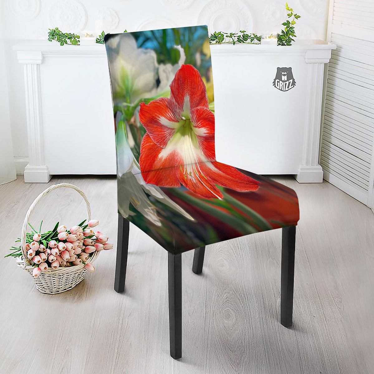 Amaryllis White And Red Print Dining Chair Slipcover-grizzshop
