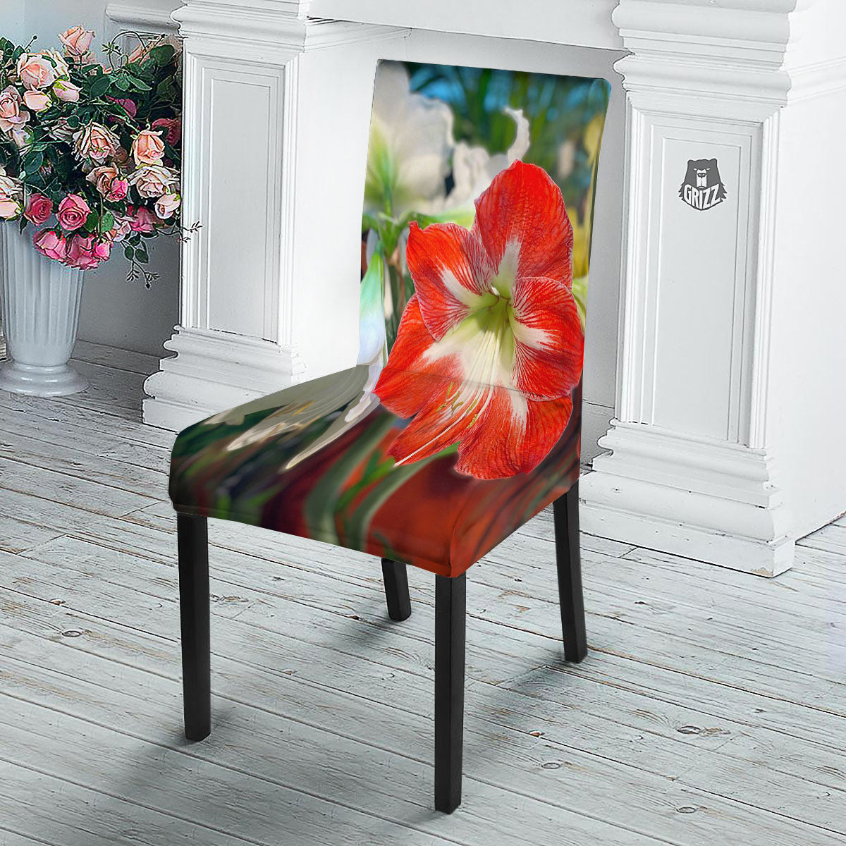 Amaryllis White And Red Print Dining Chair Slipcover-grizzshop