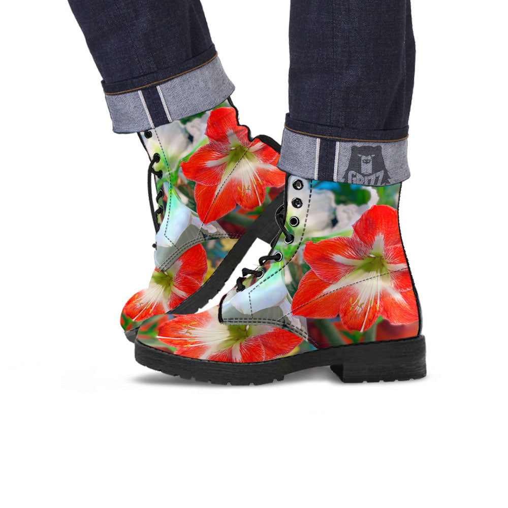 Amaryllis White And Red Print Leather Boots-grizzshop