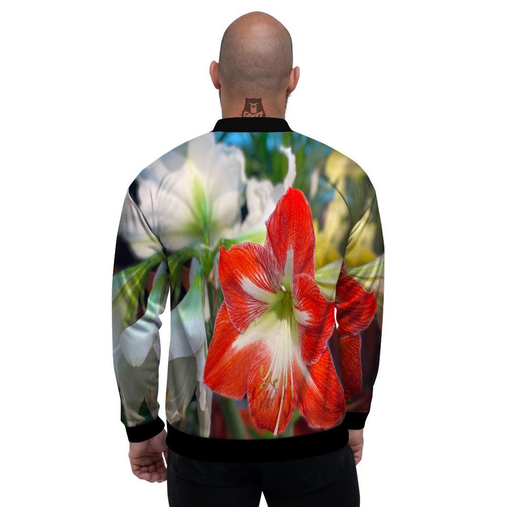 Amaryllis White And Red Print Men's Bomber Jacket-grizzshop