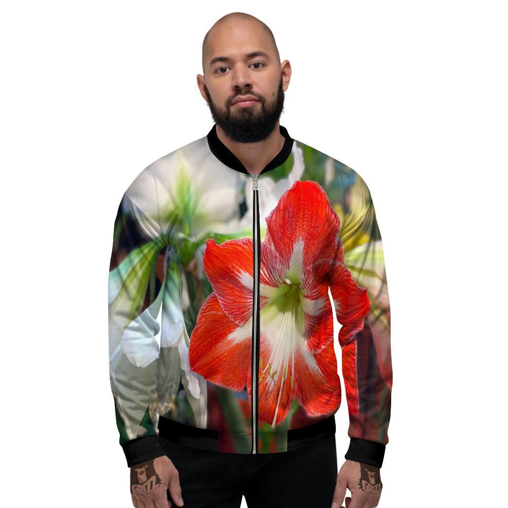 Amaryllis White And Red Print Men's Bomber Jacket-grizzshop