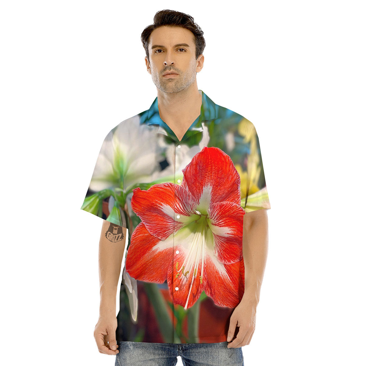 Amaryllis White And Red Print Men's Hawaiian Shirt-grizzshop