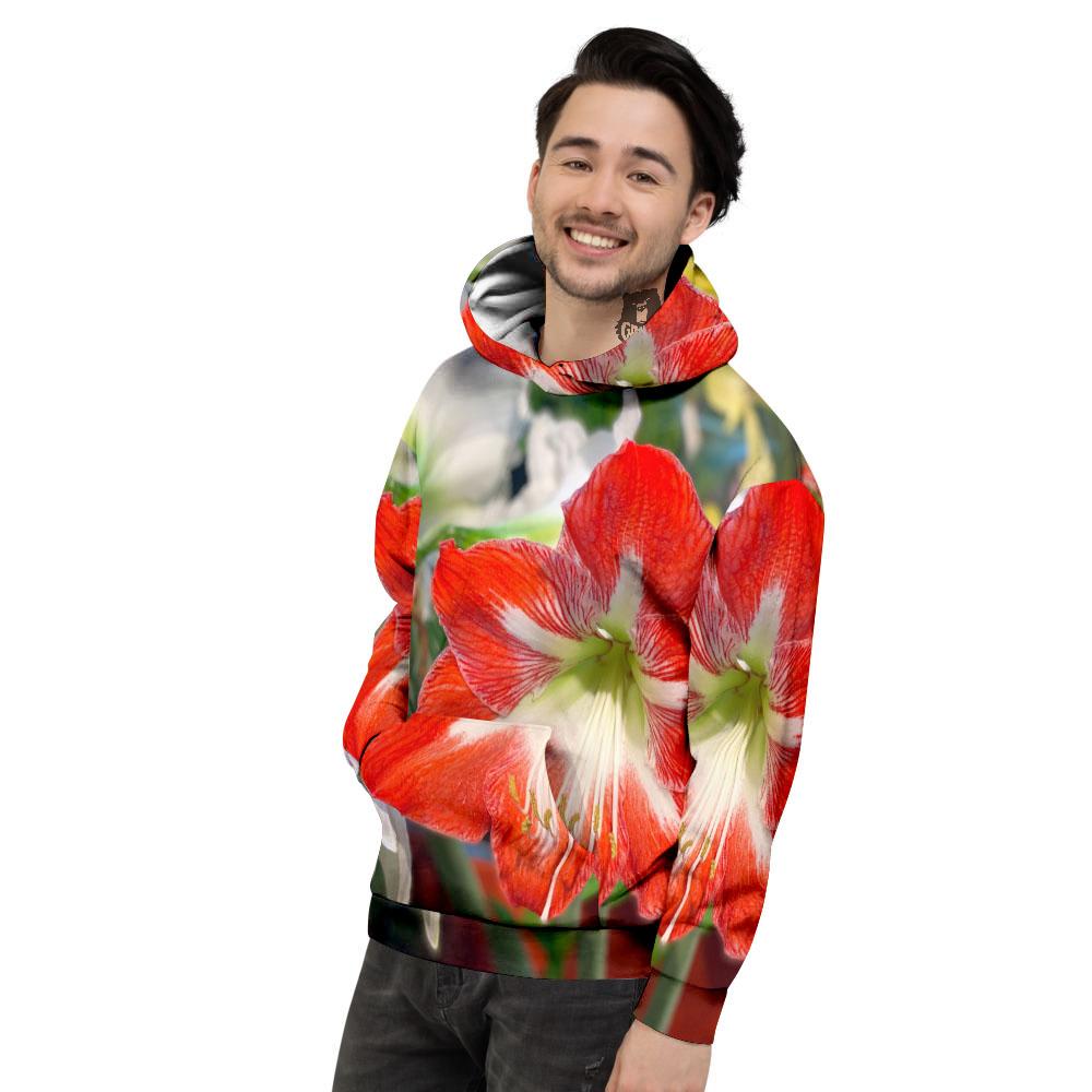 Amaryllis White And Red Print Men's Hoodie-grizzshop