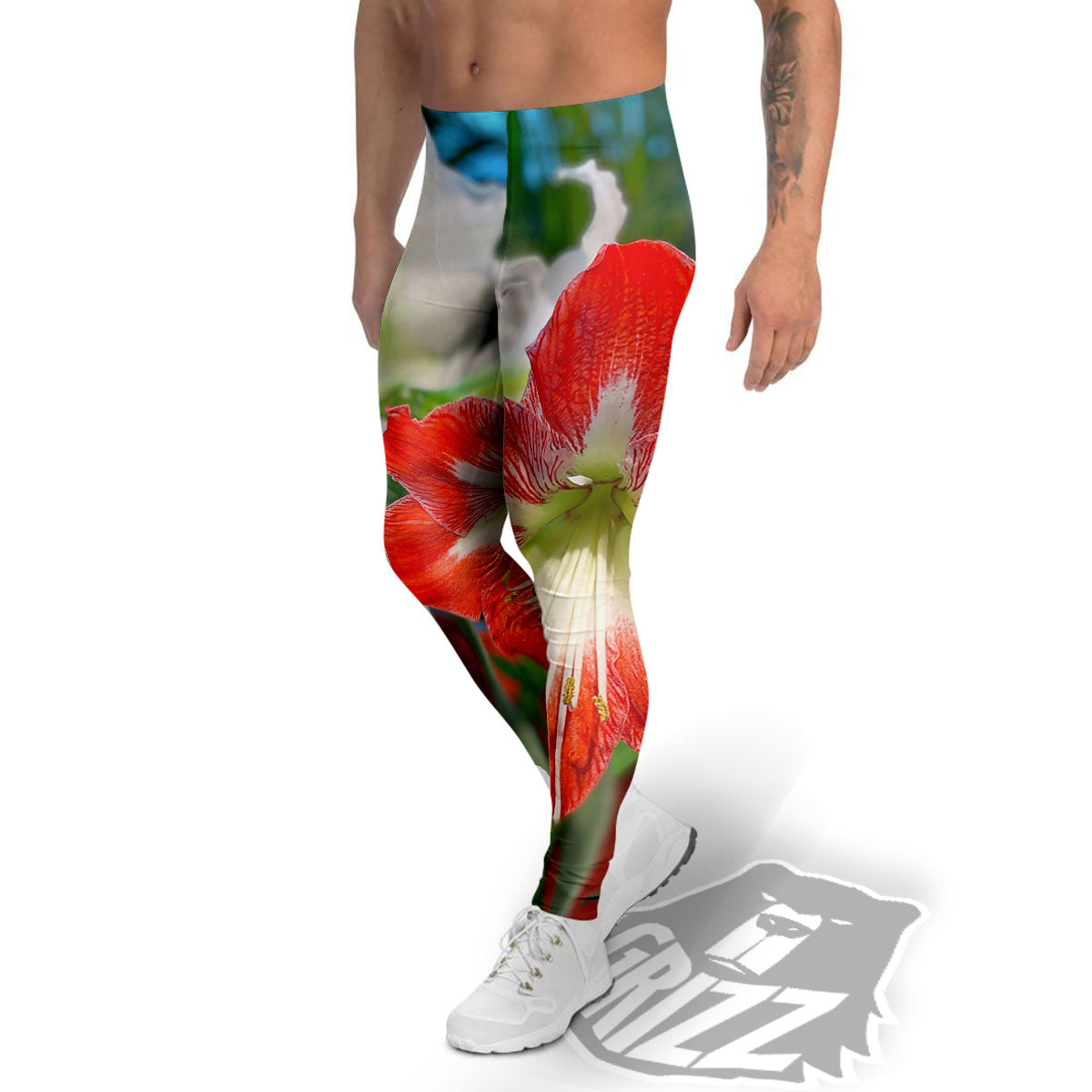 Amaryllis White And Red Print Men's Leggings-grizzshop