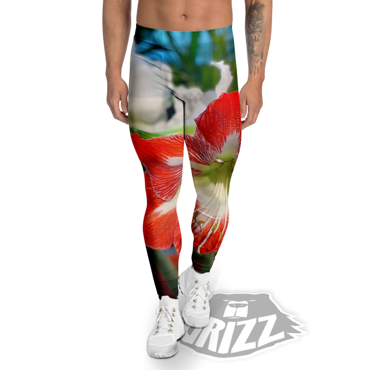 Amaryllis White And Red Print Men's Leggings-grizzshop