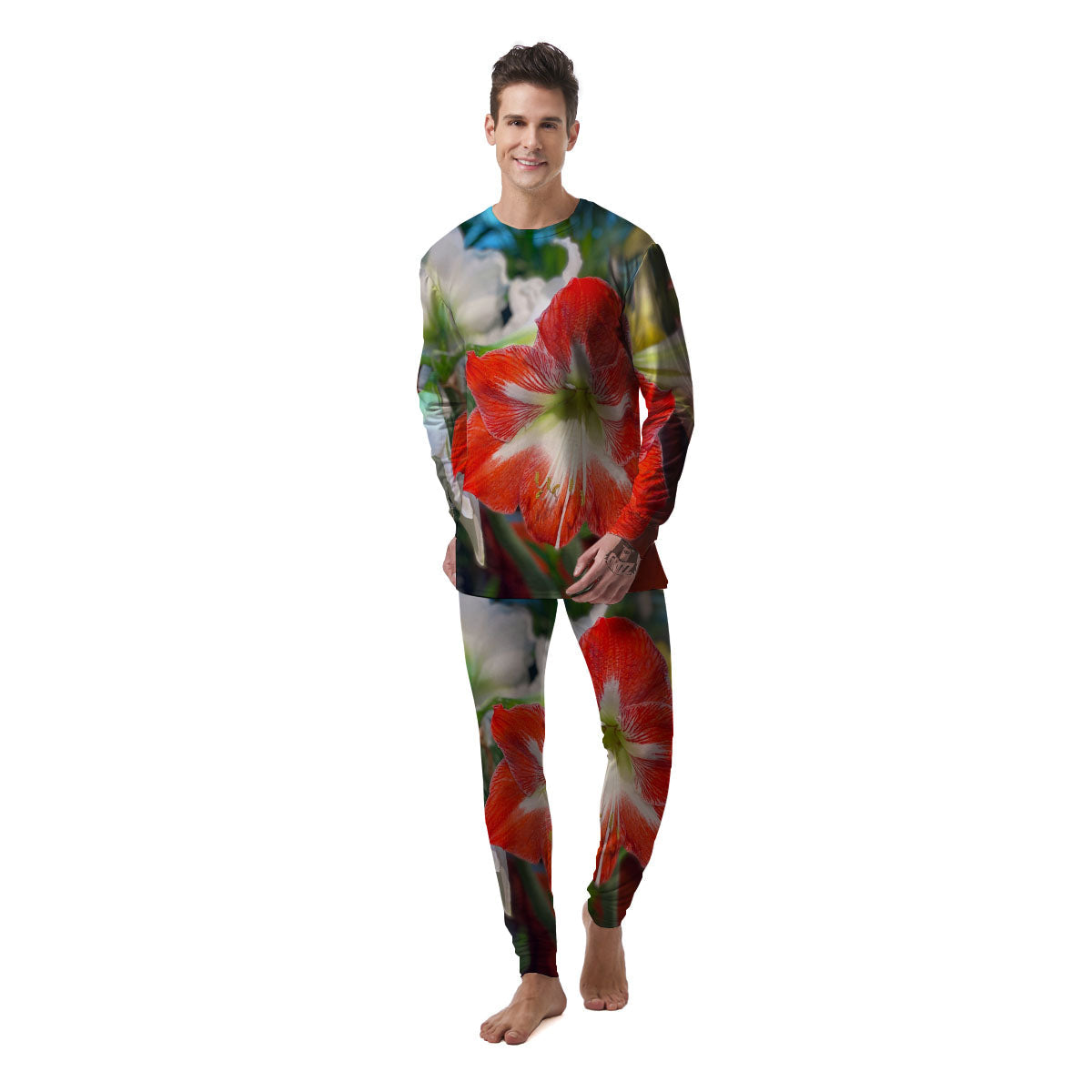 Amaryllis White And Red Print Men's Pajamas-grizzshop