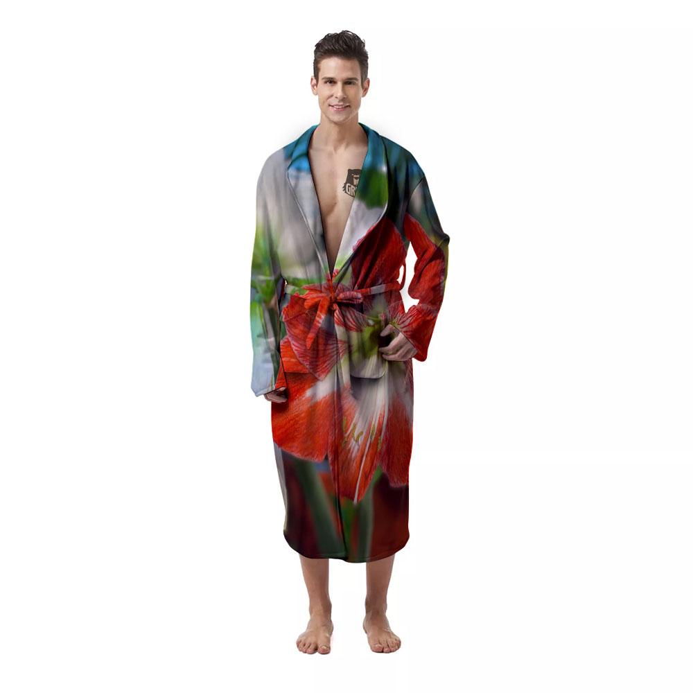Amaryllis White And Red Print Men's Robe-grizzshop