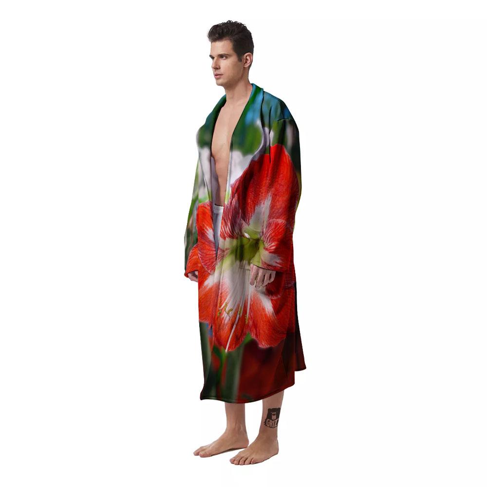 Amaryllis White And Red Print Men's Robe-grizzshop