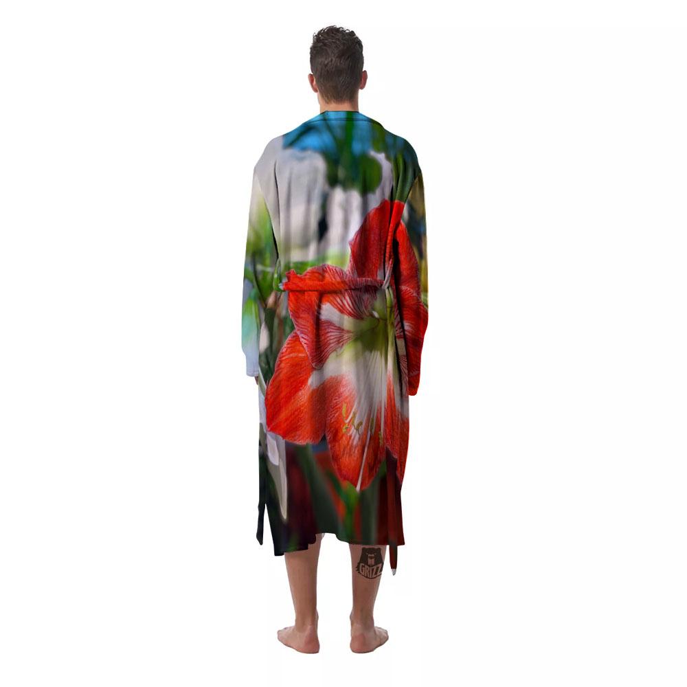 Amaryllis White And Red Print Men's Robe-grizzshop