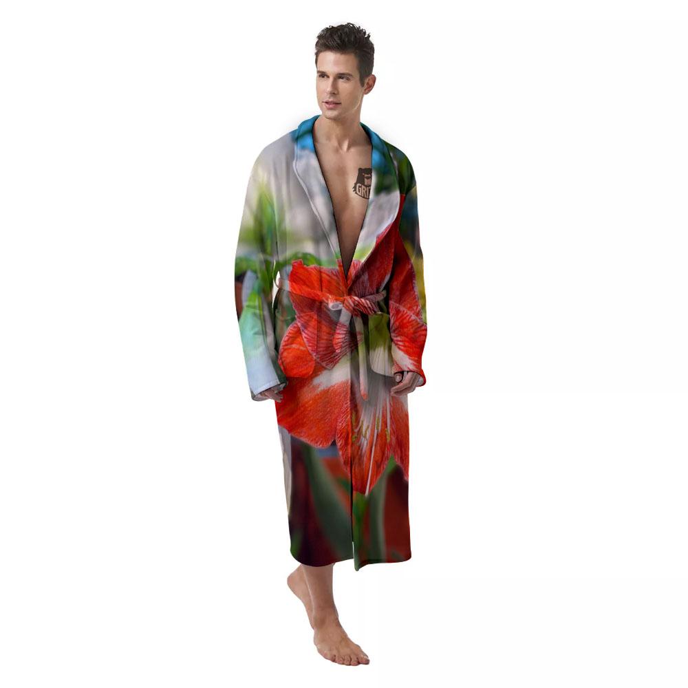 Amaryllis White And Red Print Men's Robe-grizzshop