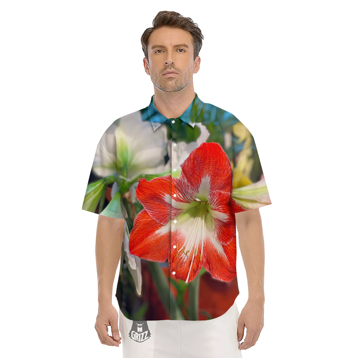 Amaryllis White And Red Print Men's Short Sleeve Shirts-grizzshop