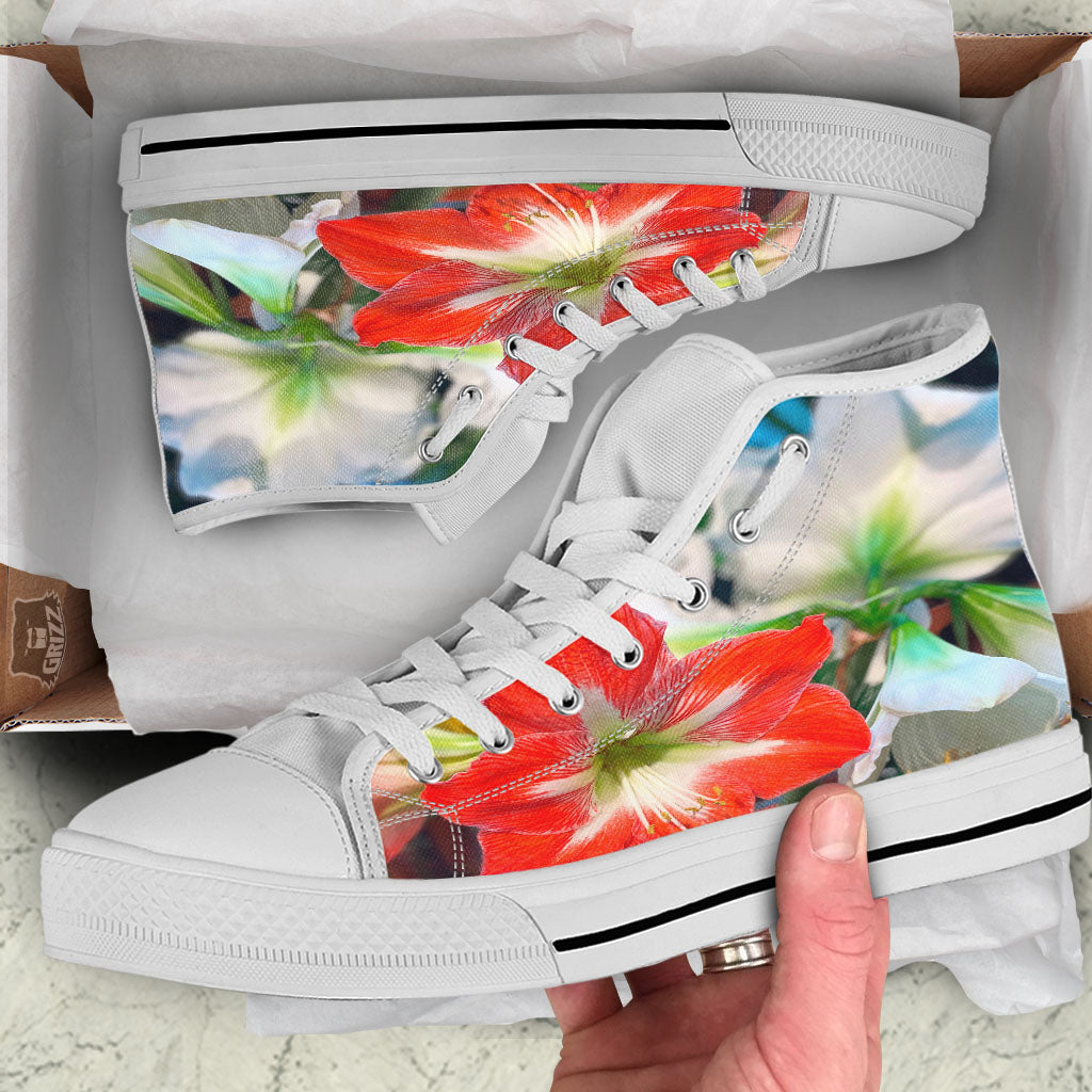 Amaryllis White And Red Print White High Top Shoes-grizzshop