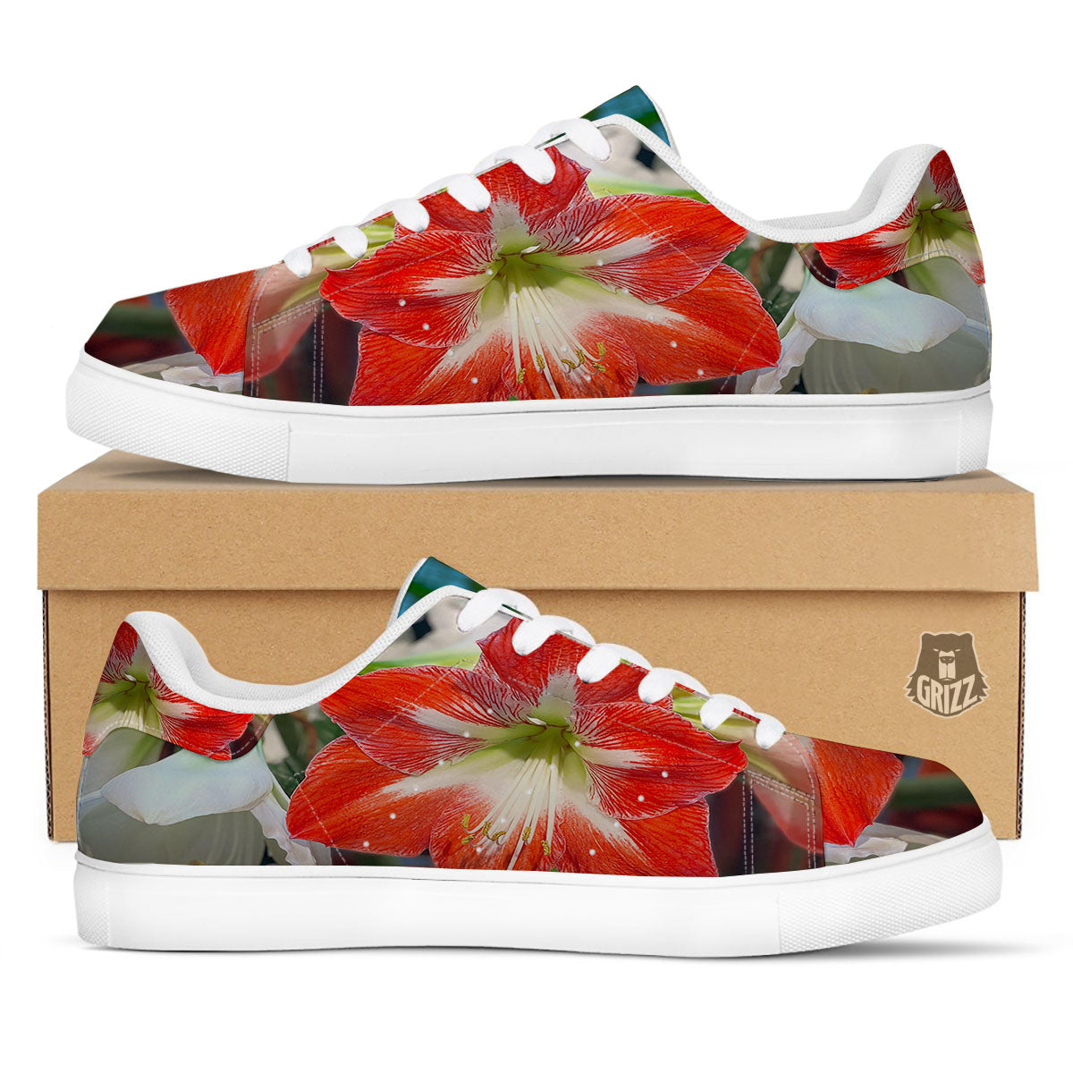 Amaryllis White And Red Print White Low Top Sneakers-grizzshop