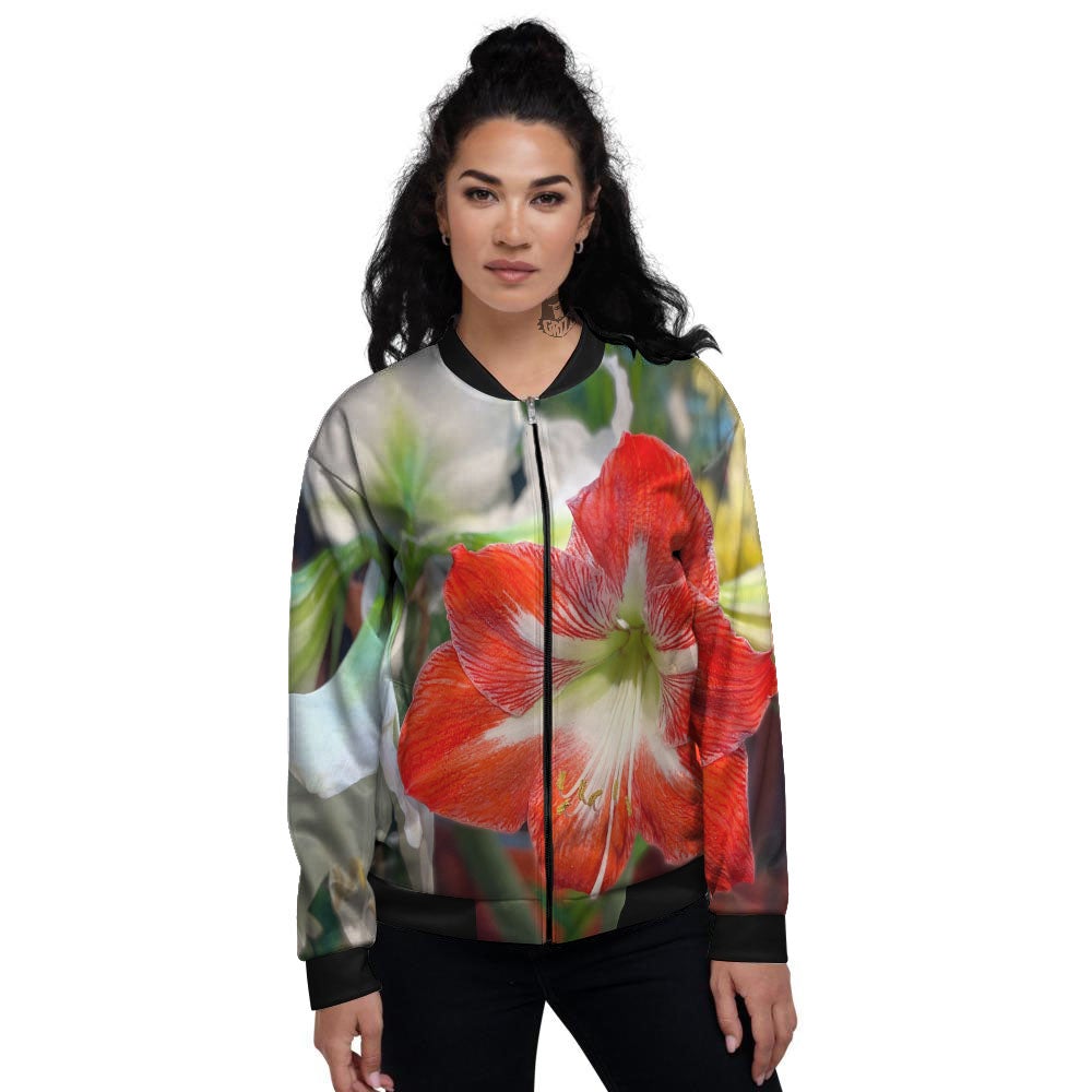 Amaryllis White And Red Print Women's Bomber Jacket-grizzshop