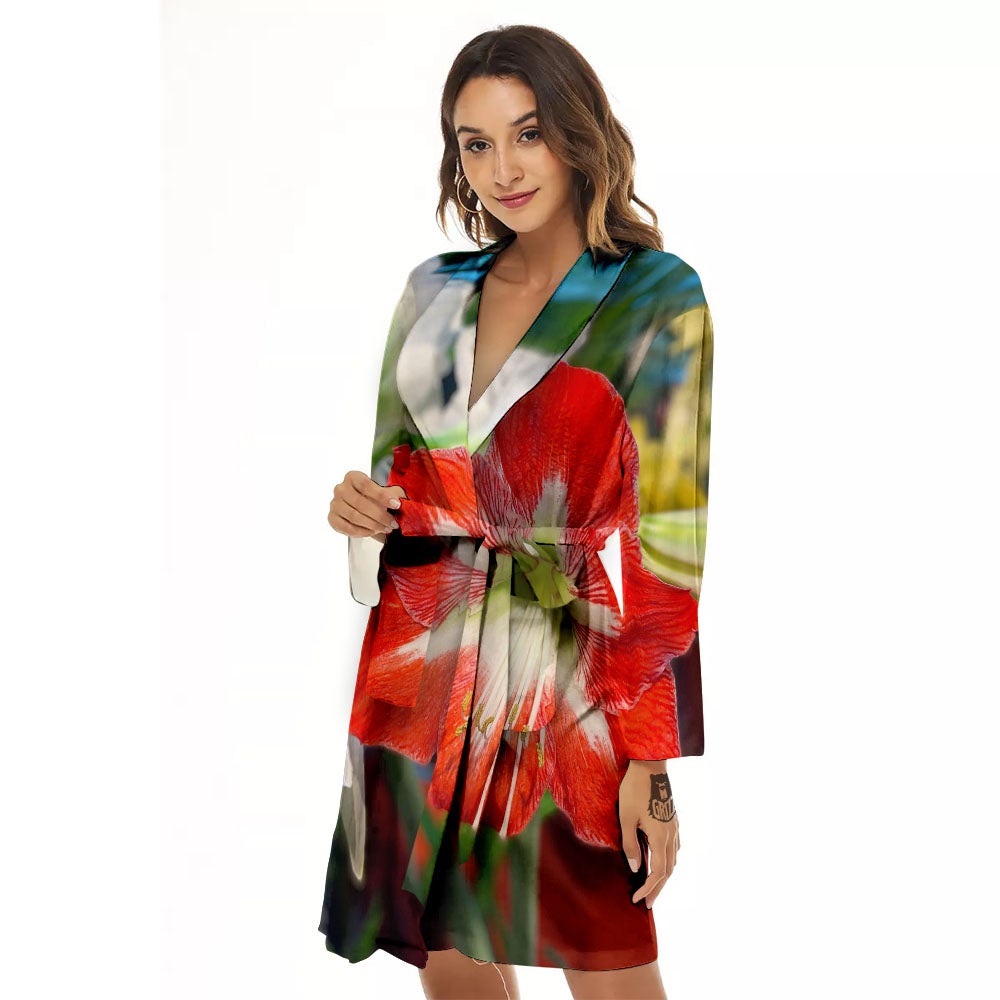 Amaryllis White And Red Print Women's Robe-grizzshop