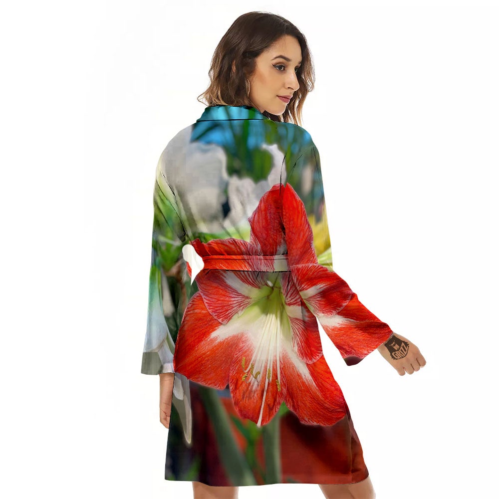Amaryllis White And Red Print Women's Robe-grizzshop
