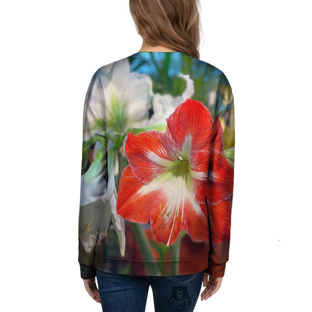Amaryllis White And Red Print Women's Sweatshirt-grizzshop