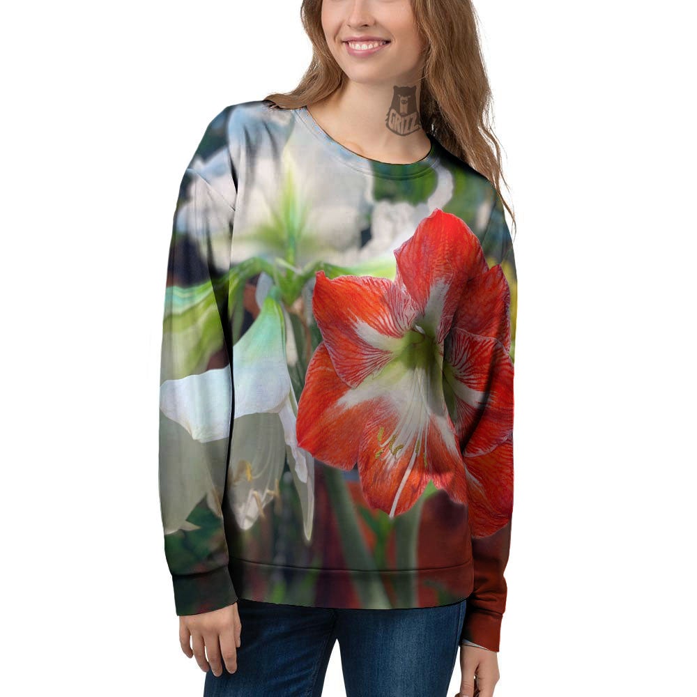 Amaryllis White And Red Print Women's Sweatshirt-grizzshop