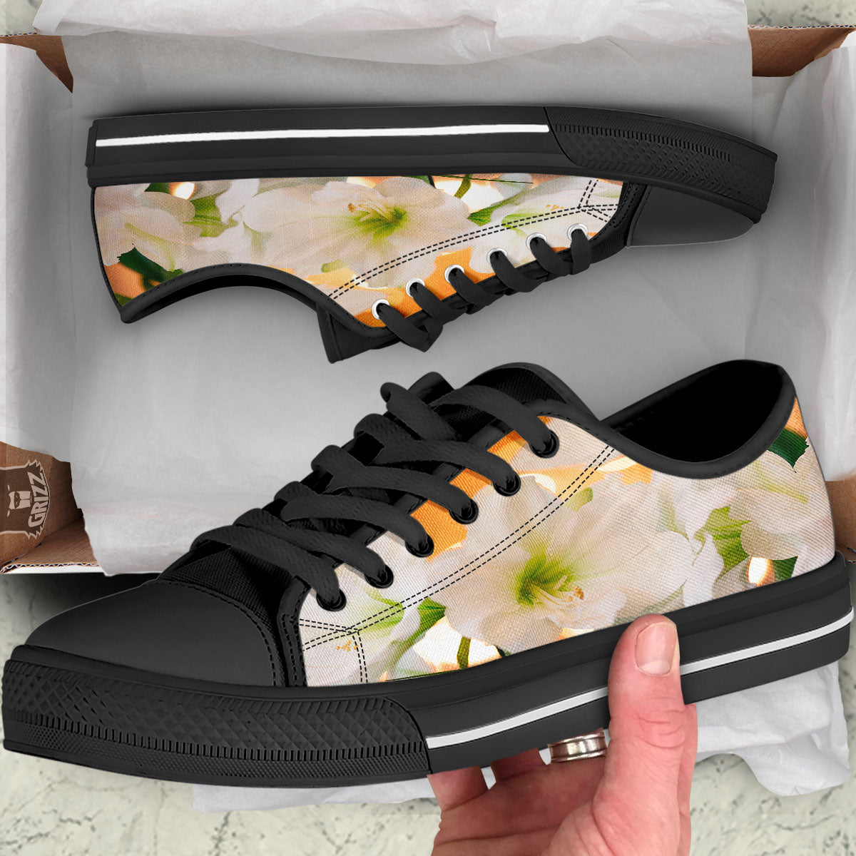 Amaryllis White Print Black Low Top Shoes-grizzshop