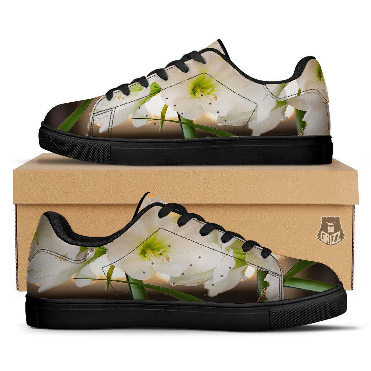 Amaryllis White Print Black Low Top Sneakers-grizzshop