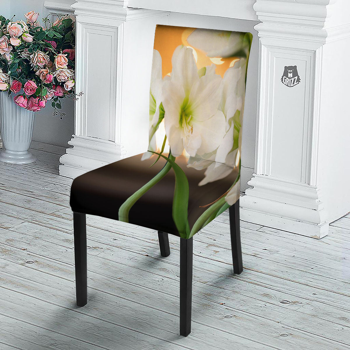 Amaryllis White Print Dining Chair Slipcover-grizzshop