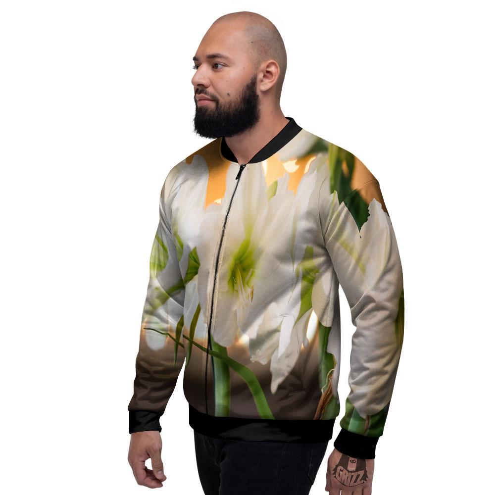 Amaryllis White Print Men's Bomber Jacket-grizzshop
