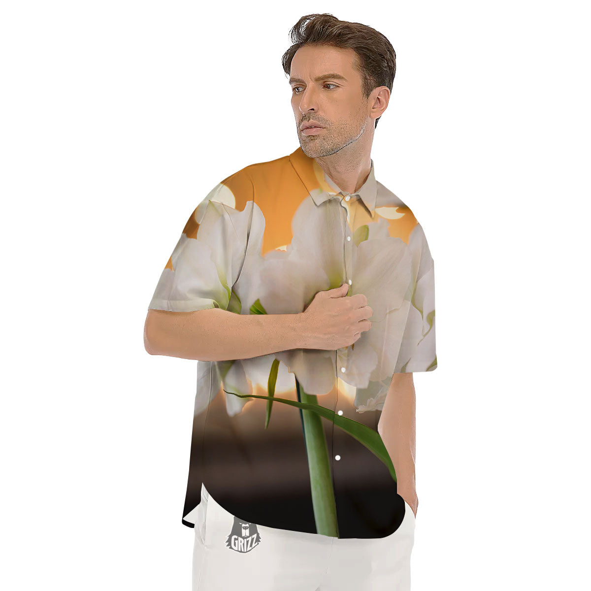 Amaryllis White Print Men's Short Sleeve Shirts-grizzshop