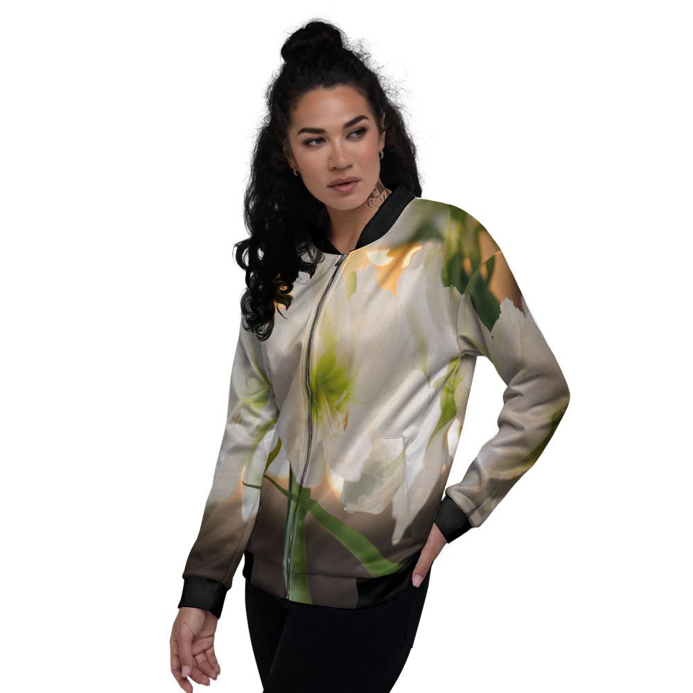 Amaryllis White Print Women's Bomber Jacket-grizzshop