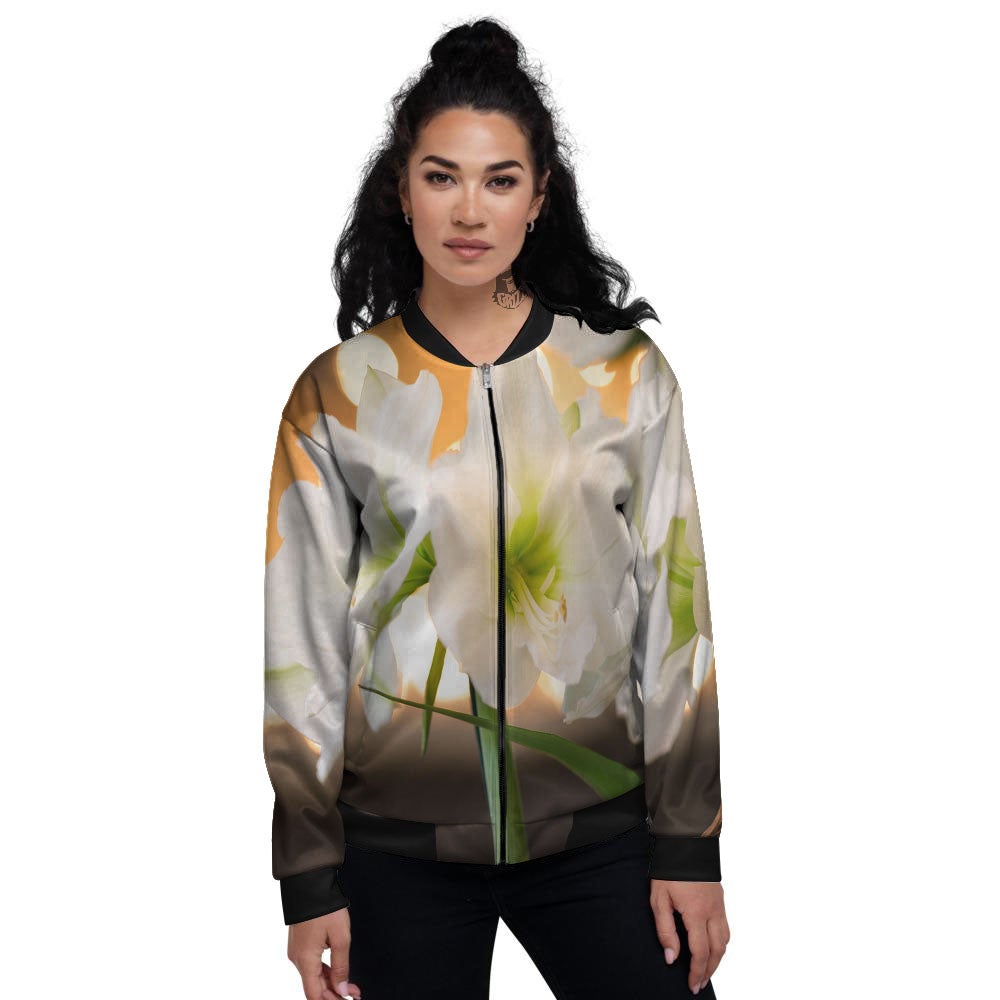 Amaryllis White Print Women's Bomber Jacket-grizzshop