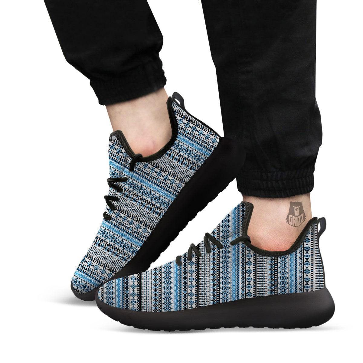 American Aztec Blue Native Print Pattern Black Athletic Shoes-grizzshop
