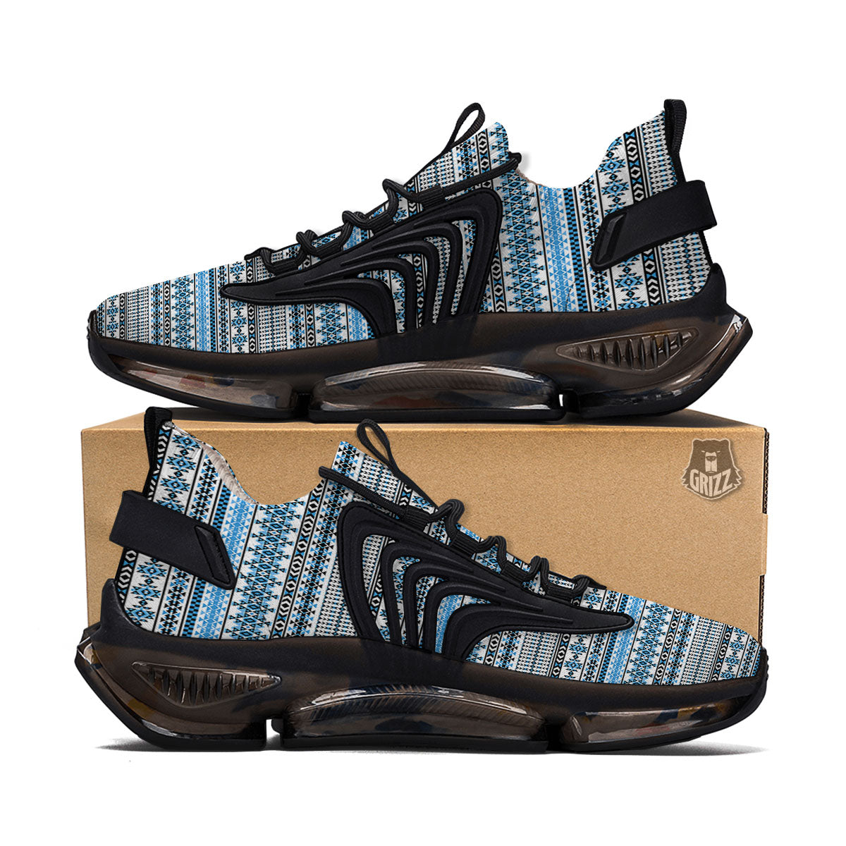 American Aztec Blue Native Print Pattern Black Gym Shoes-grizzshop