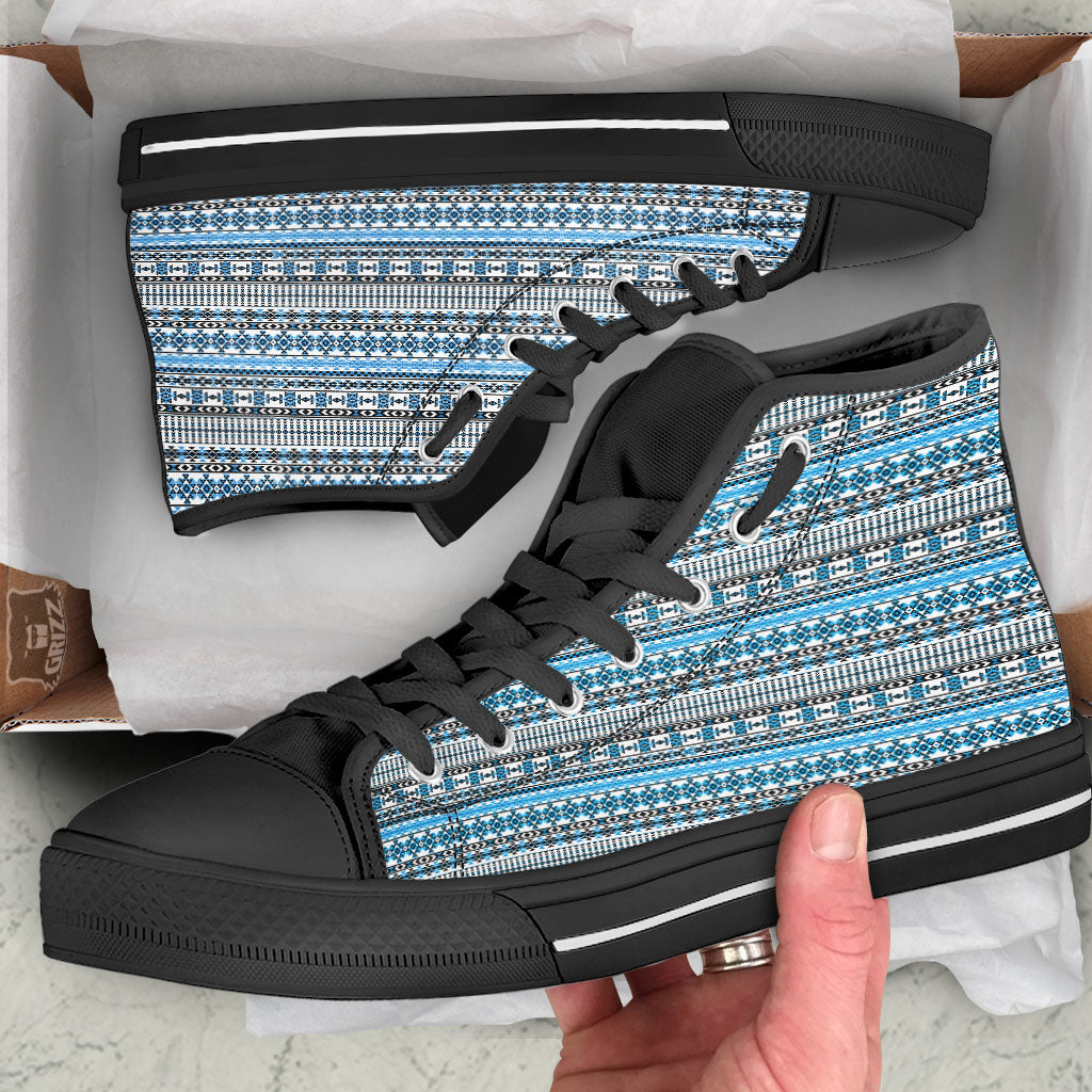 American Aztec Blue Native Print Pattern Black High Top Shoes-grizzshop