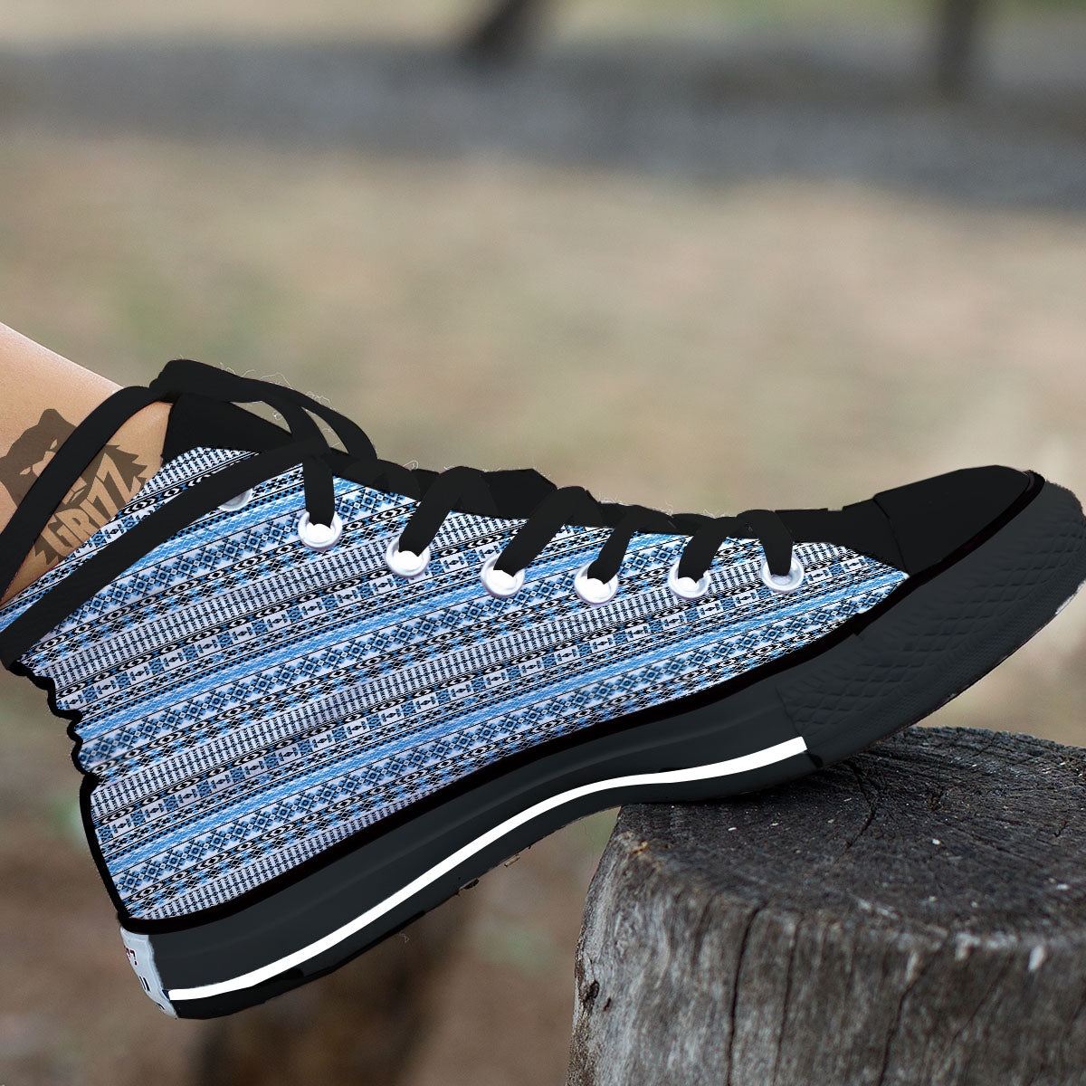 American Aztec Blue Native Print Pattern Black High Top Shoes-grizzshop