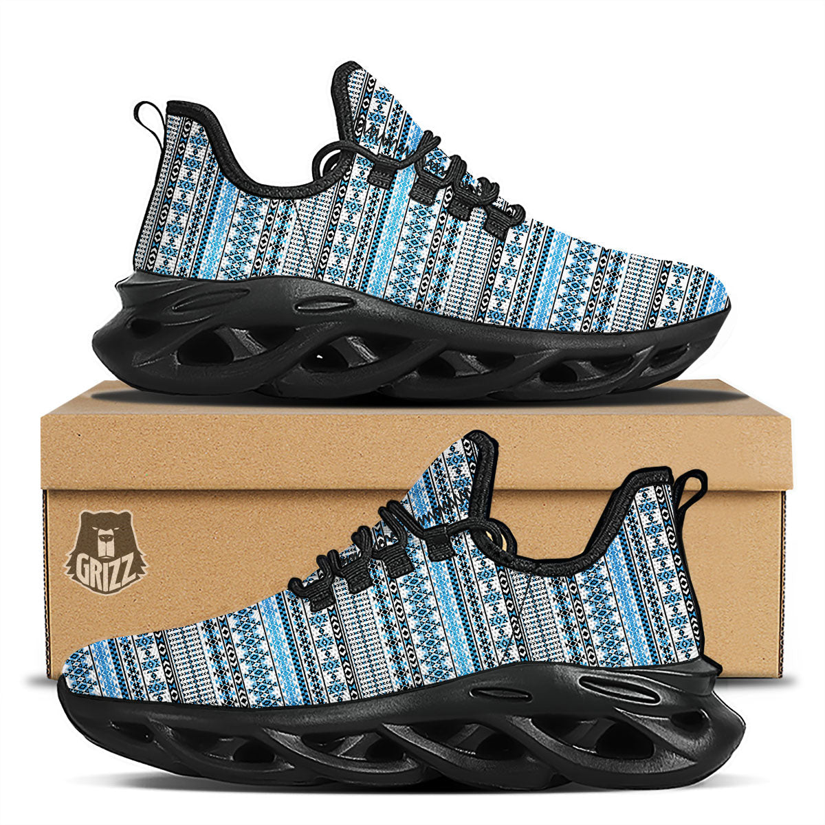American Aztec Blue Native Print Pattern Black Running Shoes-grizzshop