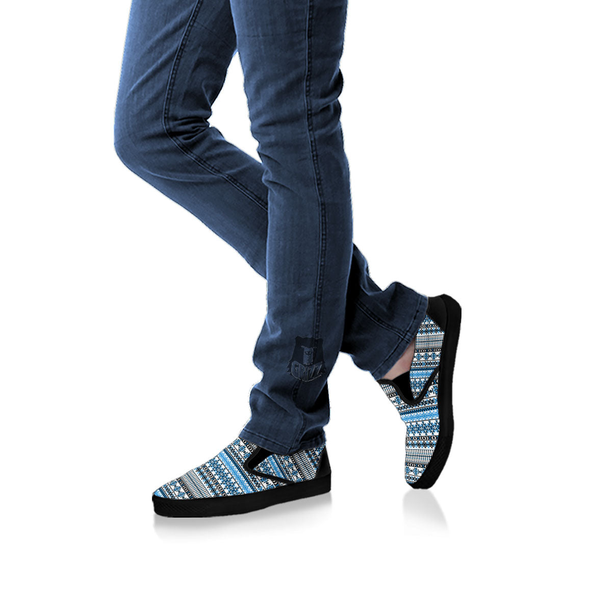 American Aztec Blue Native Print Pattern Black Slip On Shoes-grizzshop