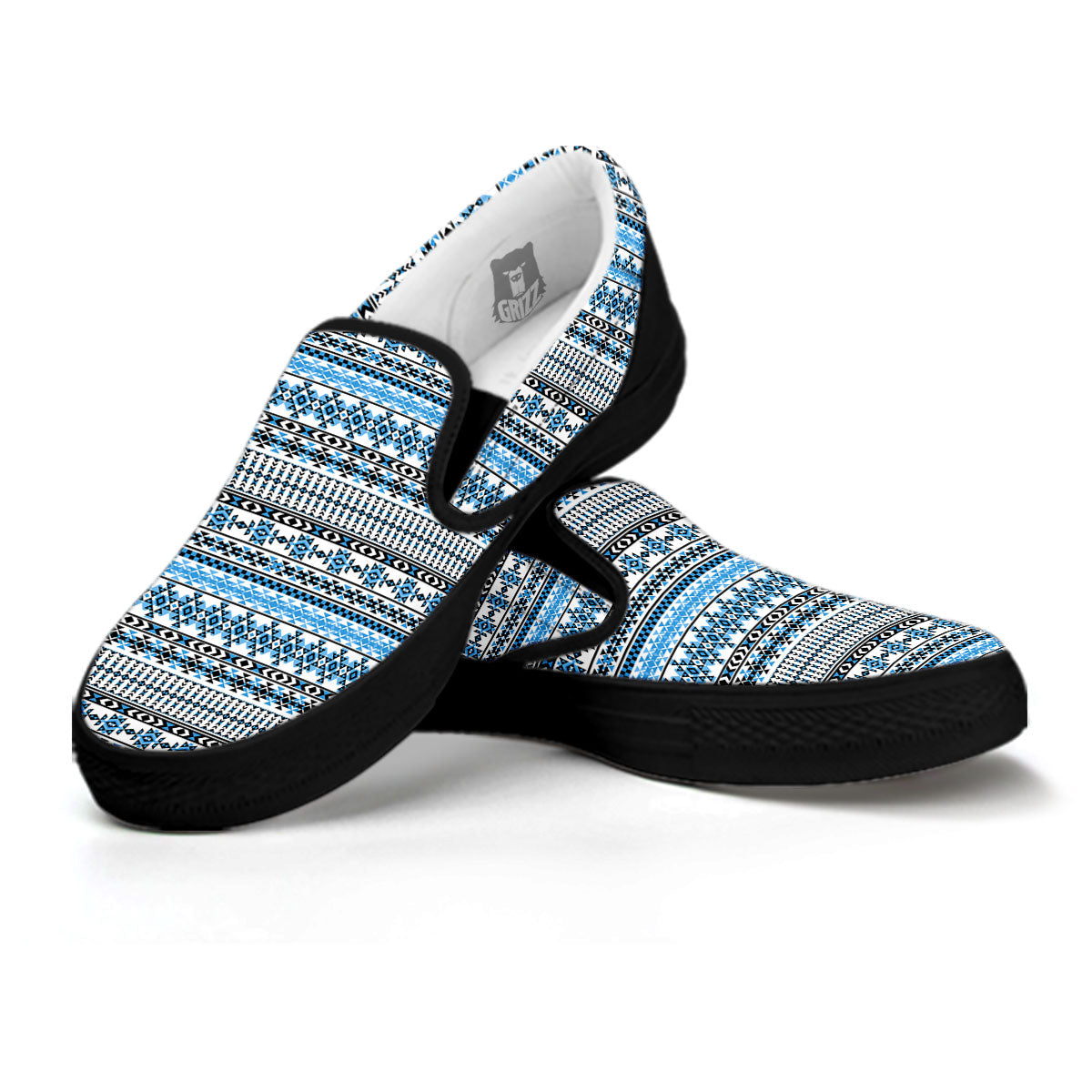 American Aztec Blue Native Print Pattern Black Slip On Shoes-grizzshop