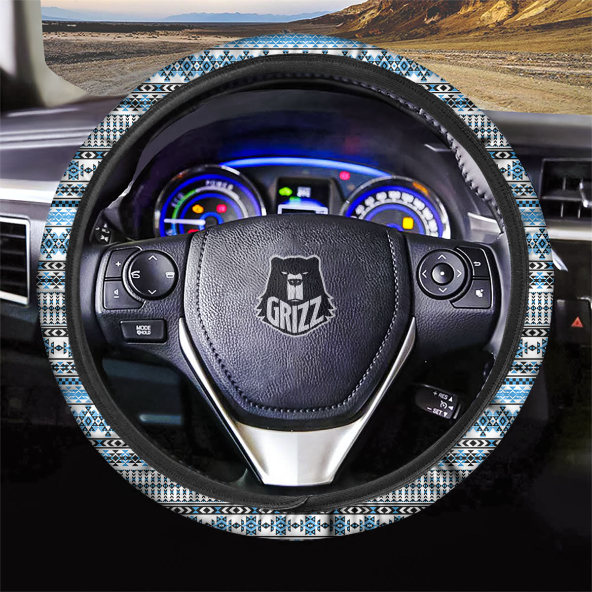 American Aztec Blue Native Print Pattern Car Steering Wheel Cover-grizzshop