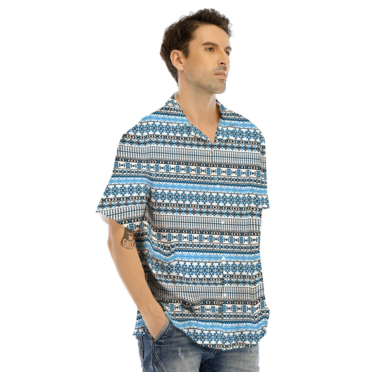 American Aztec Blue Native Print Pattern Men's Hawaiian Shirt-grizzshop