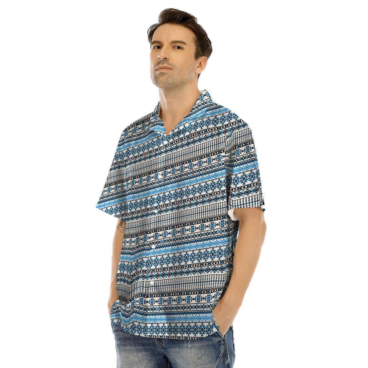 American Aztec Blue Native Print Pattern Men's Hawaiian Shirt-grizzshop