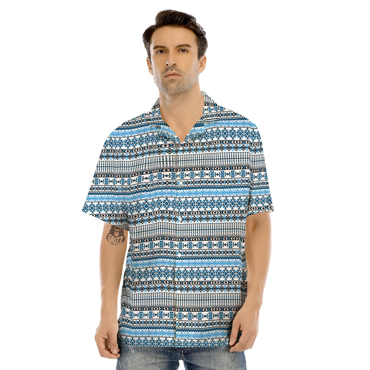 American Aztec Blue Native Print Pattern Men's Hawaiian Shirt-grizzshop