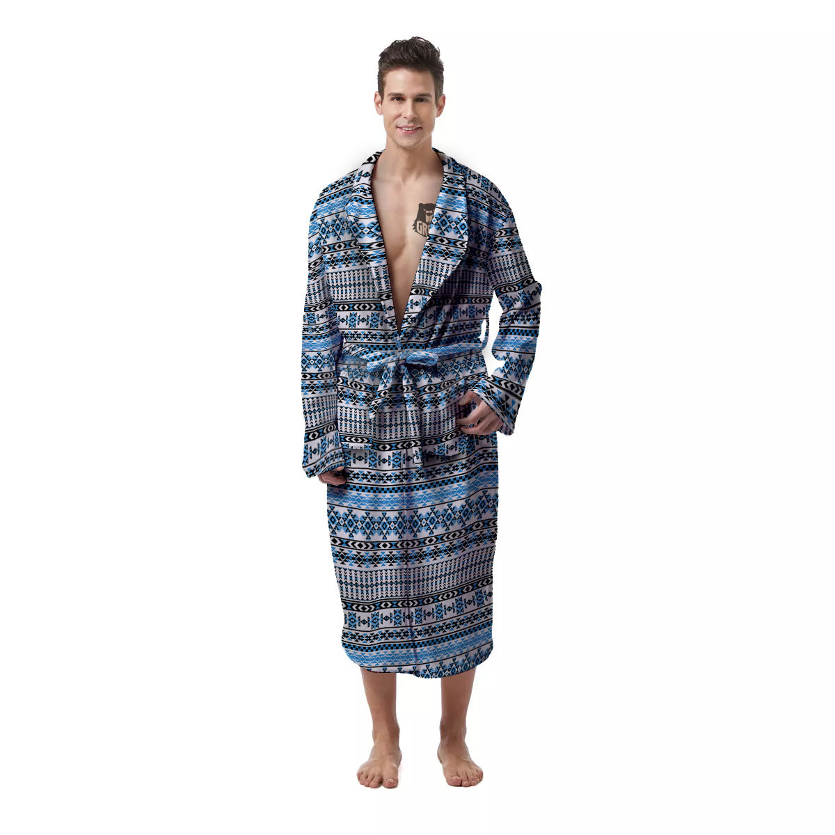 American Aztec Blue Native Print Pattern Men's Robe-grizzshop