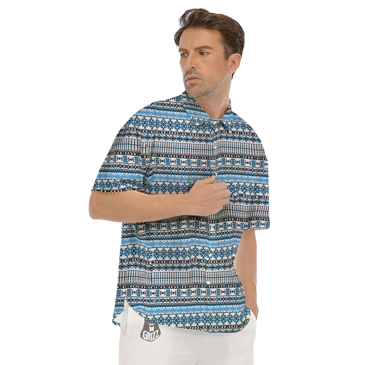 American Aztec Blue Native Print Pattern Men's Short Sleeve Shirts-grizzshop