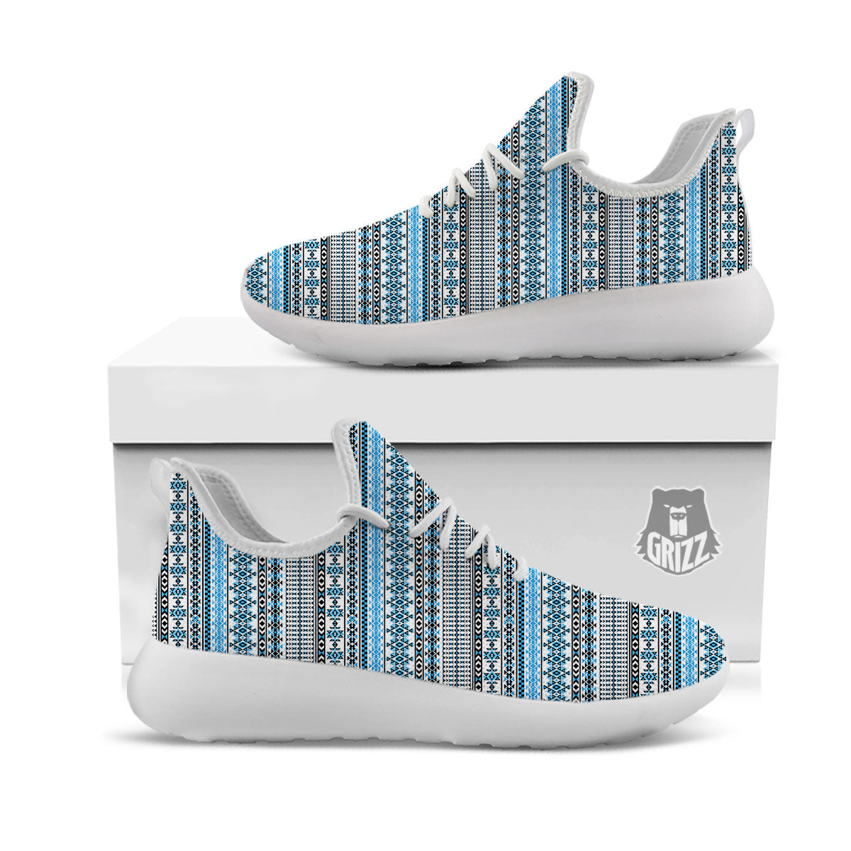 American Aztec Blue Native Print Pattern White Athletic Shoes-grizzshop